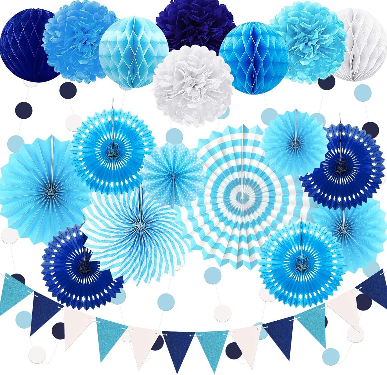 Navy Blue Party Decoration,23Pcs Hanging Paper Fans,Pom Poms Flowers,Garland String Polka Dot and Triangle Bunting Flag Packs for Boy Birthday, Bridal Shower,Baby Boy Showers,Wedding